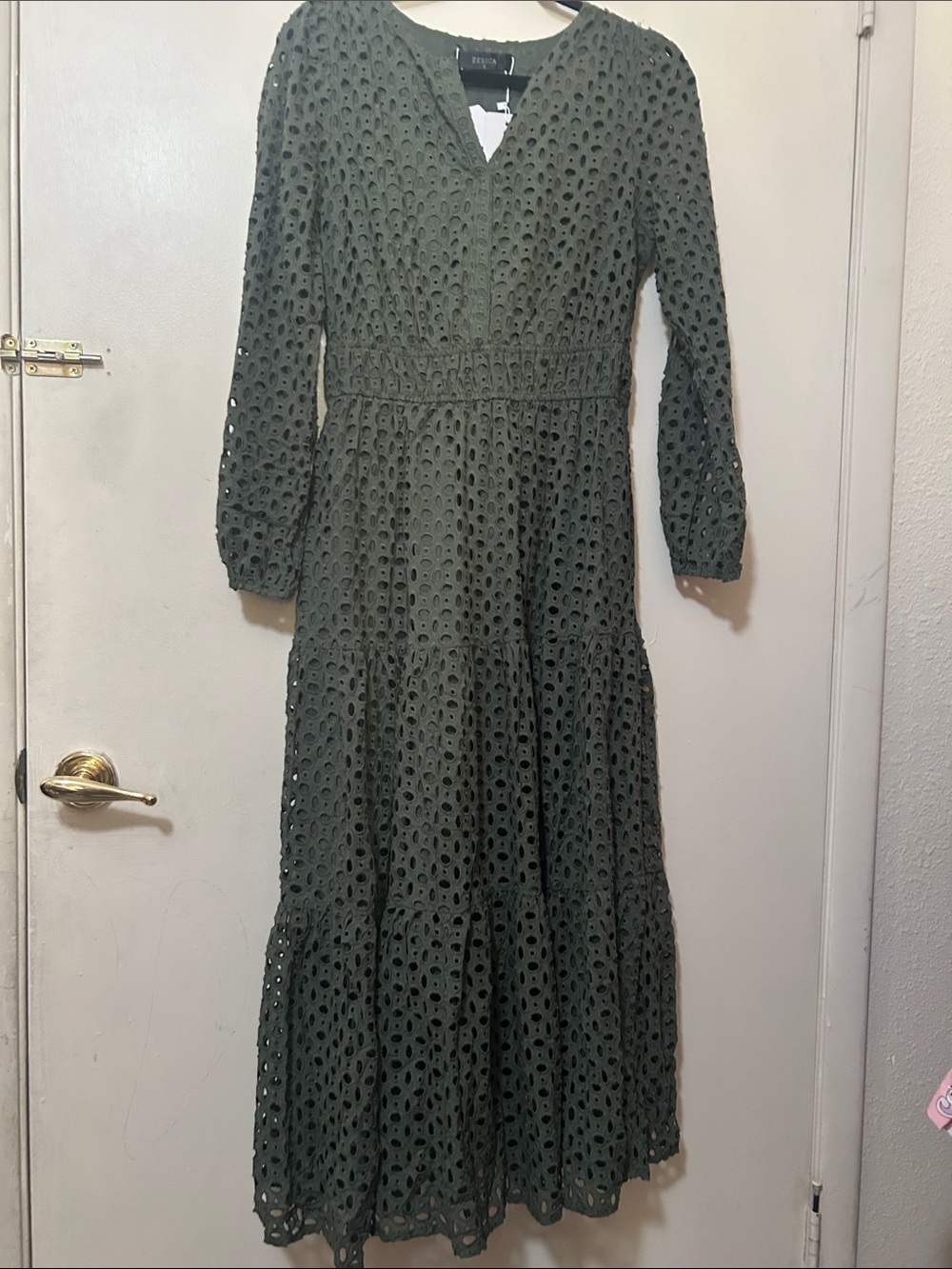 Olive Green Eyelet Long-Sleeve Maxi Dress by Knox Rose